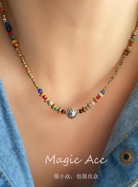 【古拉】原创设计925银天然石彩色串珠民族风小众复古转运珠项链