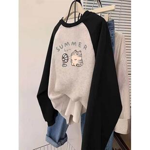 女童秋冬撞色浅灰色纯棉圆领厚棉T美式插肩新款加绒宽松打底衫上