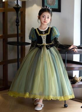女童公主裙礼服儿童装洋气连衣裙子春秋季秋装2025新款白雪长裙绿