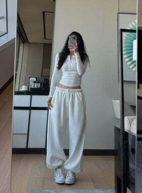 DQSTORE加绒加厚卫裤女高腰宽松阔腿休闲直筒抽绳束脚垂感运动裤