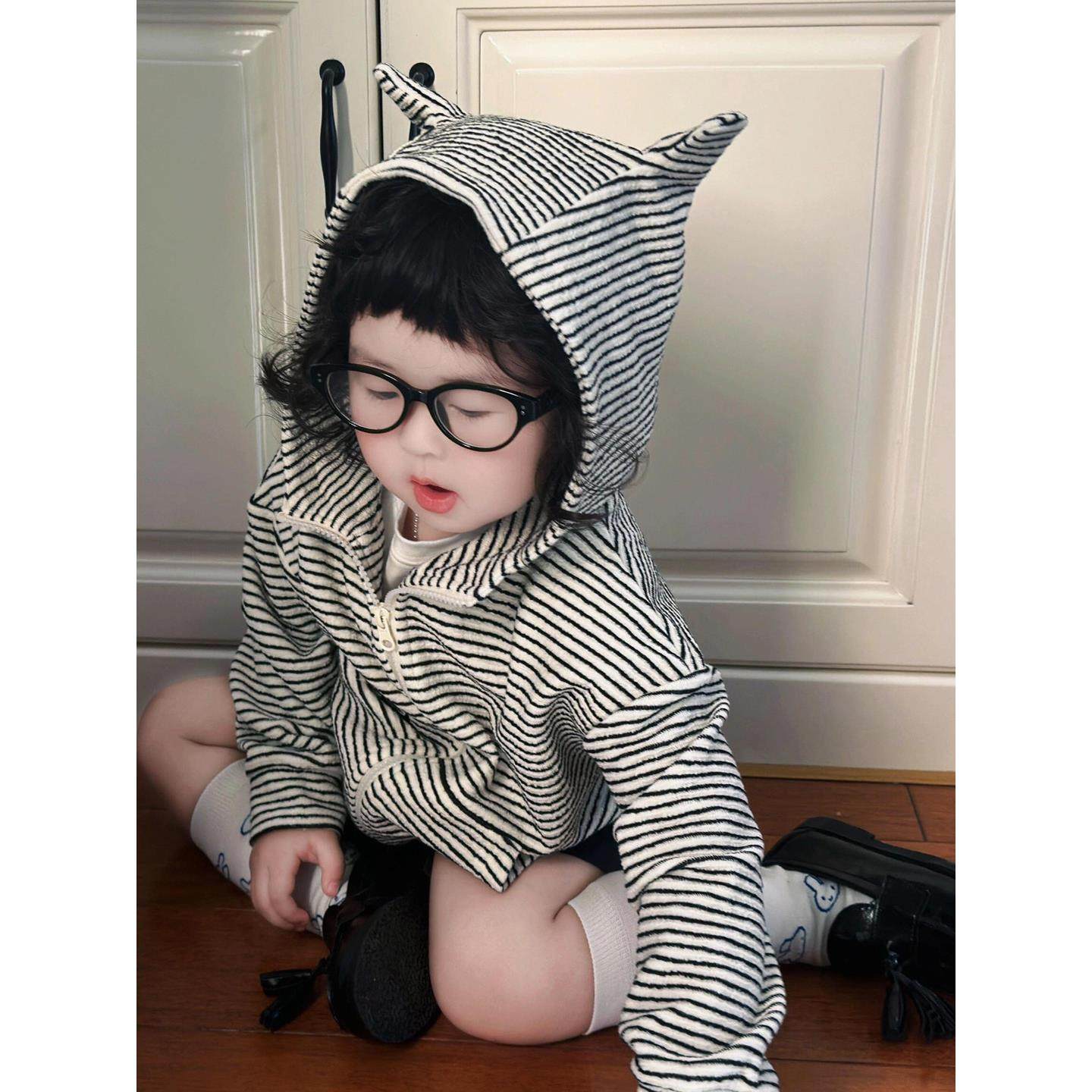 女童卫衣外套秋装洋气韩版童装儿童条纹可爱连帽棒球服女宝宝开衫