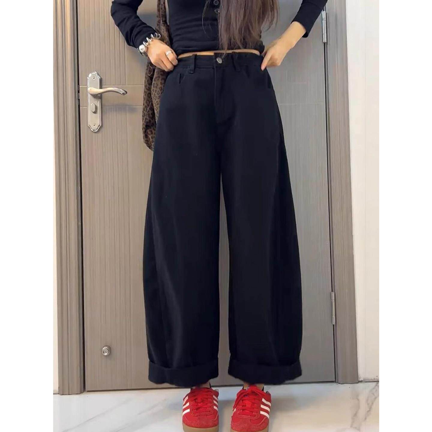 黑色加绒阔腿牛仔裤女大码梨型身材显瘦宽松弯刀裤直筒九分老爹裤