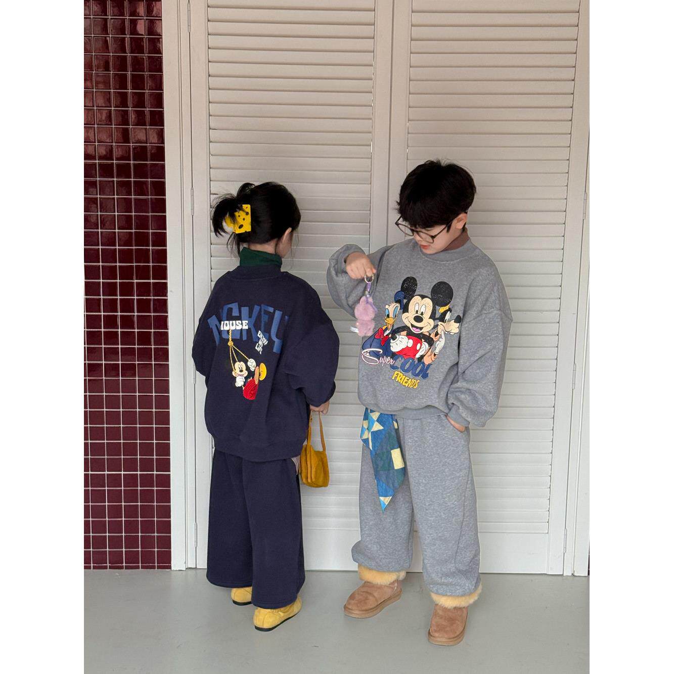 儿童套装男女童冬季韩版卡通加绒加厚圆领卫衣卫裤休闲套头兄妹装