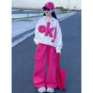 女童美式覆古OK字母卫衣2025春秋款宽松潮牌慵懒风休闲裤子两件套