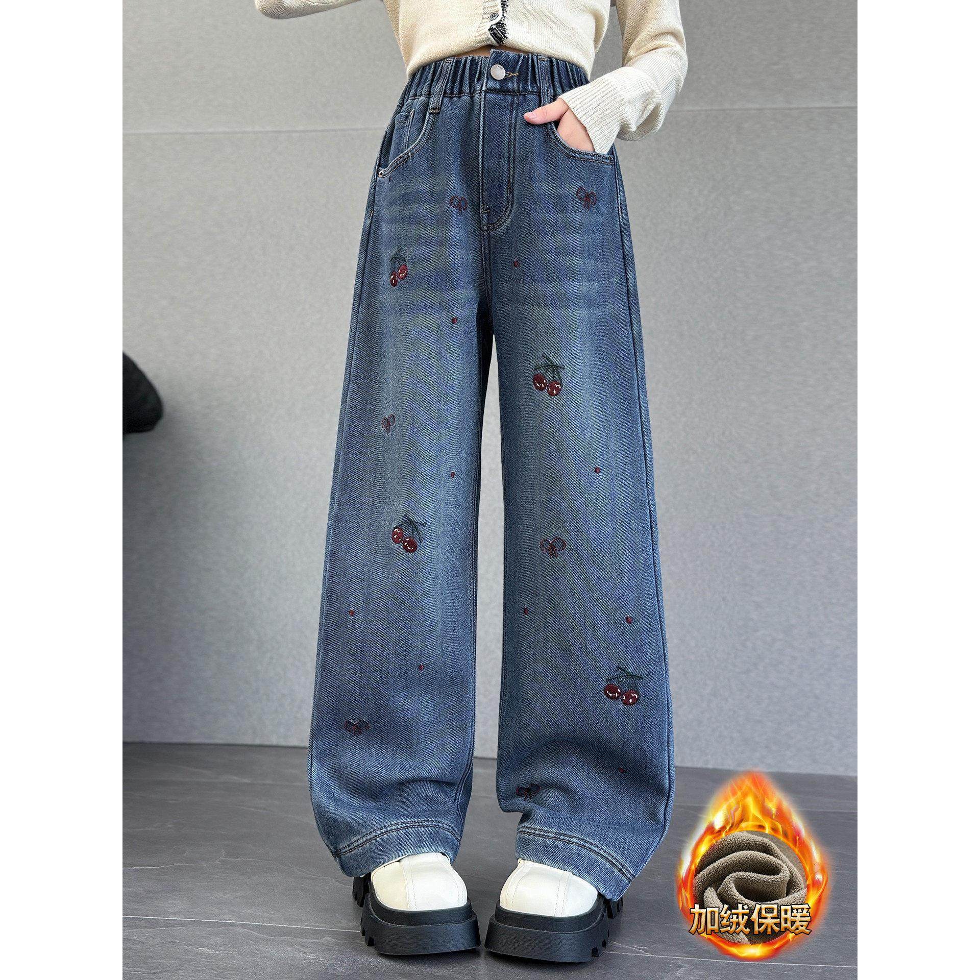 女童加绒裤子冬季一体绒牛仔裤2025新款冬装刺绣窄版阔腿裤儿童装