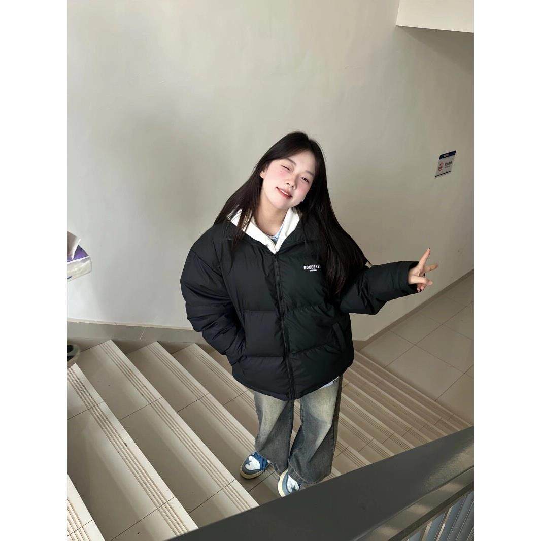 2025冬季新款黑色立领羽绒棉服女大童初中高中学生宽松面包服外套