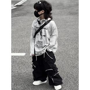 春秋男童潮酷街舞休闲套装青少年亲子装宽松长袖T恤工装裤两件套