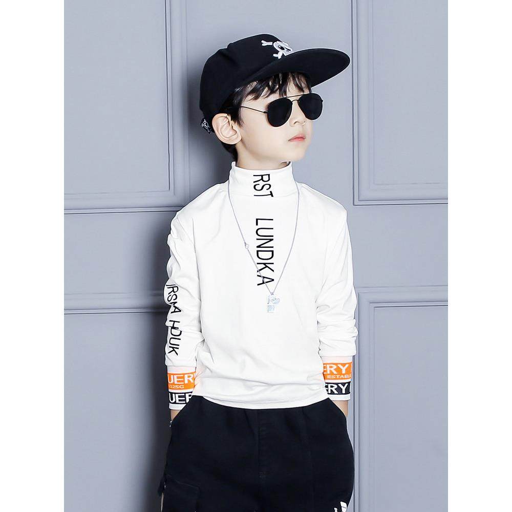 男童长袖t恤秋上衣加绒超好看2025新款纯棉内搭白色半高领打底衫