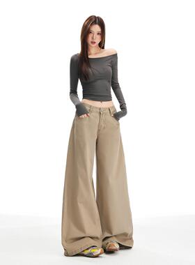 NEGP美式覆古军绿色工装牛仔裤女秋季设计感宽松垂感阔腿直筒裤子