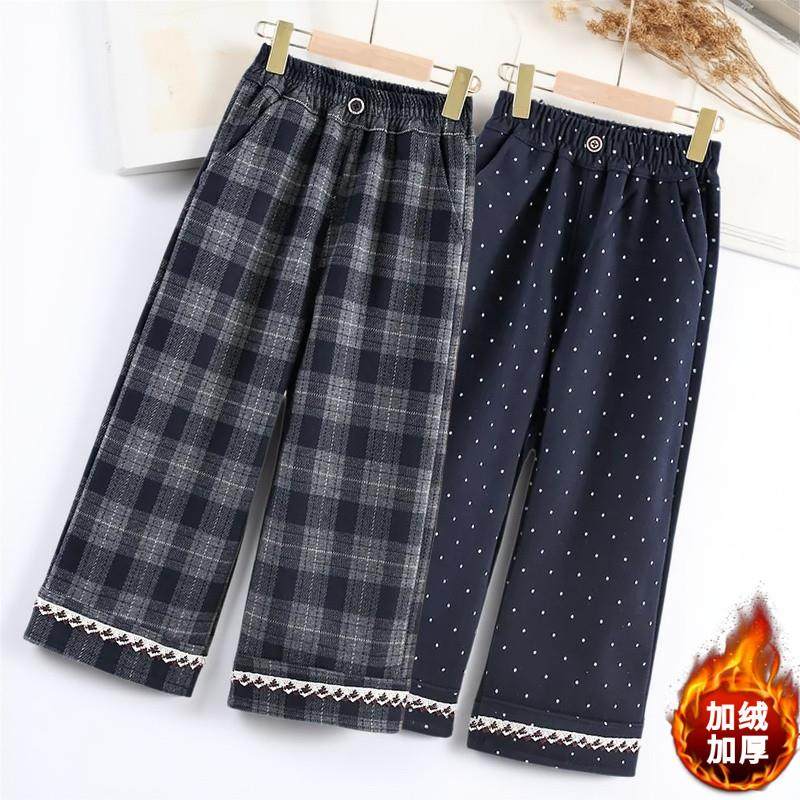 女童阔腿裤秋冬季加绒加厚中大童女孩一体绒磨毛格子直筒裤外裤