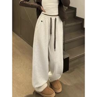 加绒卫裤女秋冬季加厚羊羔绒2025新款宽松束脚休闲灰白色运动裤子
