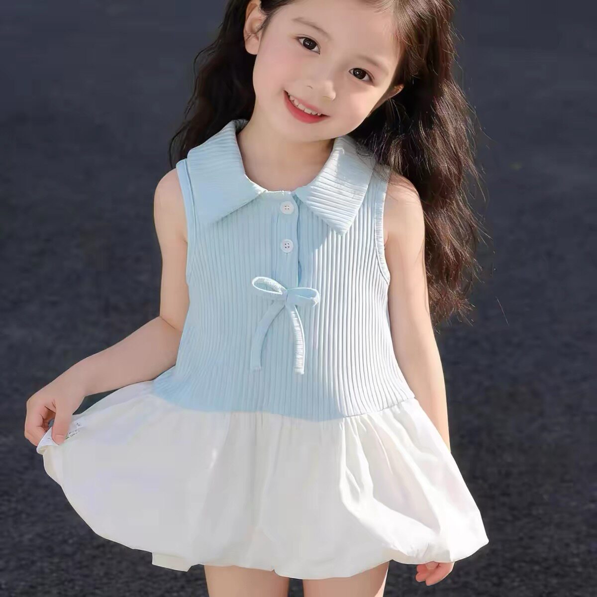 韩版女童2026夏季新款蓝色蝴蝶结