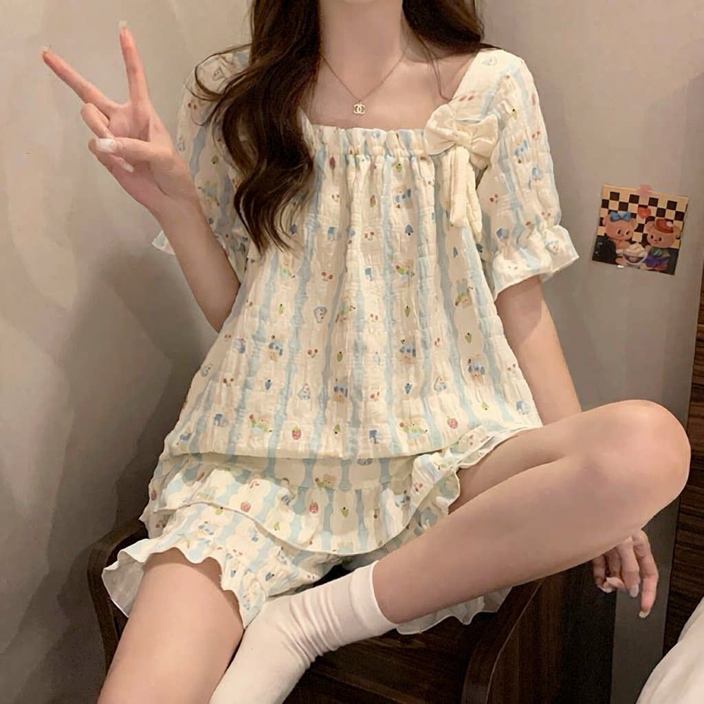 带胸垫睡衣女夏天短袖套装薄款可
