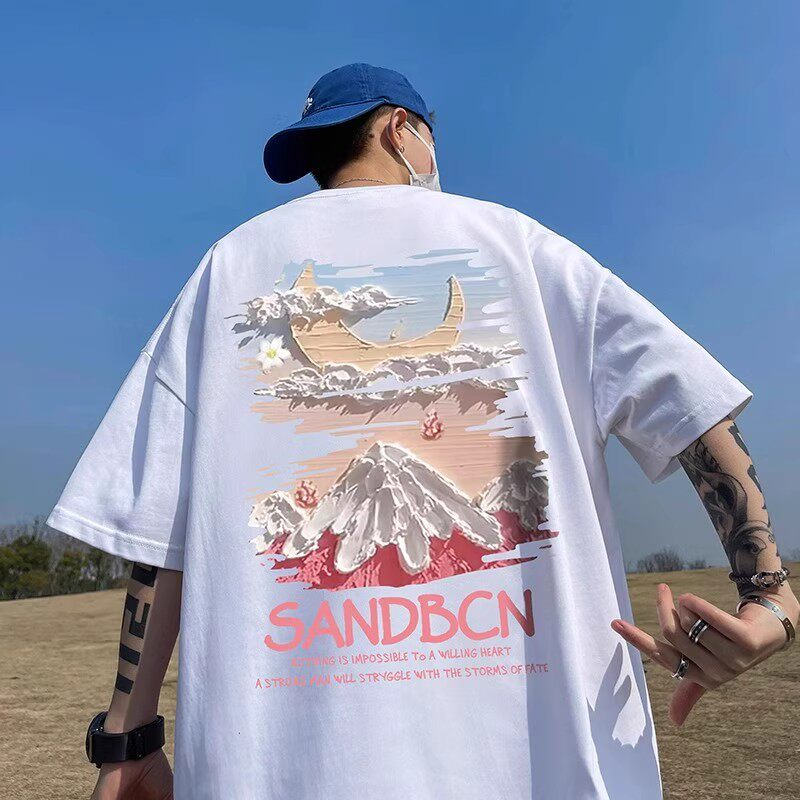 thumbnail for King size 300 pound heavy cotton short sleeve t-shirt men's summer American trend loose fashion brand half-sleeved t-shirt