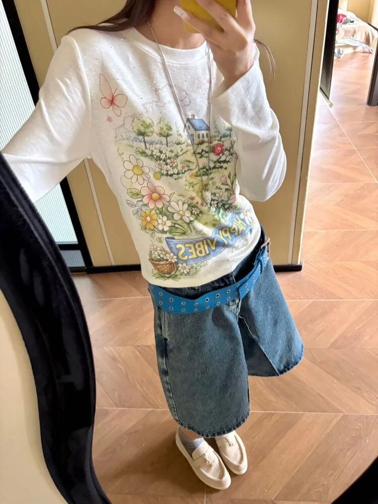 简约复古打底衫秋季通勤女新款t恤水彩风花园亮钻印花圆领上衣