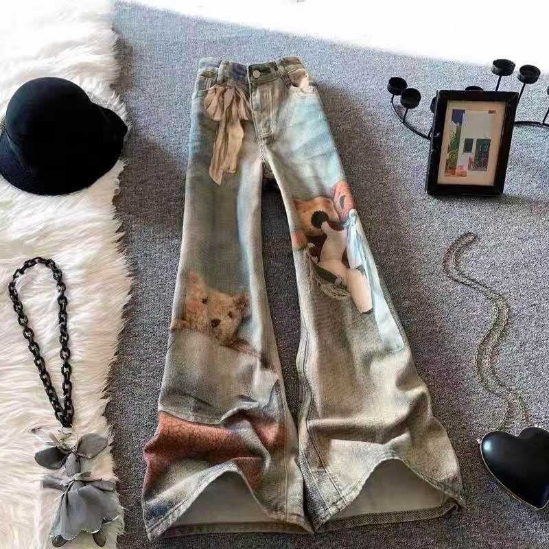 复古印花阔腿牛仔裤女春季新款做旧美式设计感3D卡通小熊直筒长裤,女装/女士精品,牛仔裤,淘宝优惠券,粉丝福利购,淘宝优惠卷