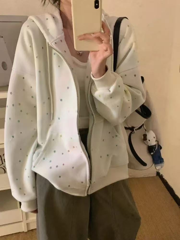 晕染米绿彩星星拉链抽绳连帽卫衣女通勤宽松慵懒开衫外套春秋百搭
