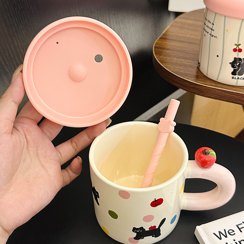 萌趣可爱猫咪陶瓷马克杯带盖网红创意设计苹果吸管杯家用杯伴手礼
