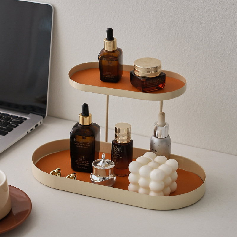 北欧铁艺双层收纳架桌面杂物整理架卧室化妆品香水置物架展示架