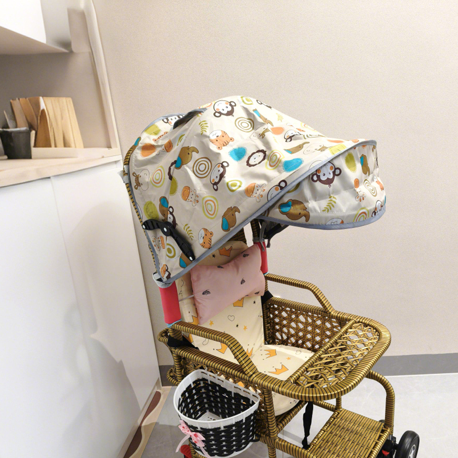 夏季婴儿车遮阳棚可折叠彷竹藤椅伞编藤车顶蓬防晒伞推车装饰配件