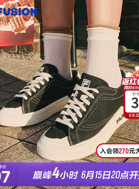 FILA FUSION斐乐潮牌帆布鞋女鞋休闲滑板鞋透气平底黑色低帮鞋子