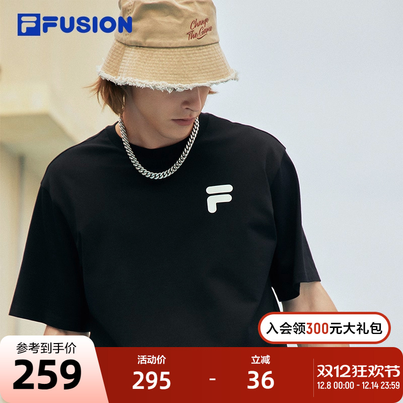 FILA FUSION斐乐情侣运动T恤2023夏纯棉宽松运动短袖上衣男女