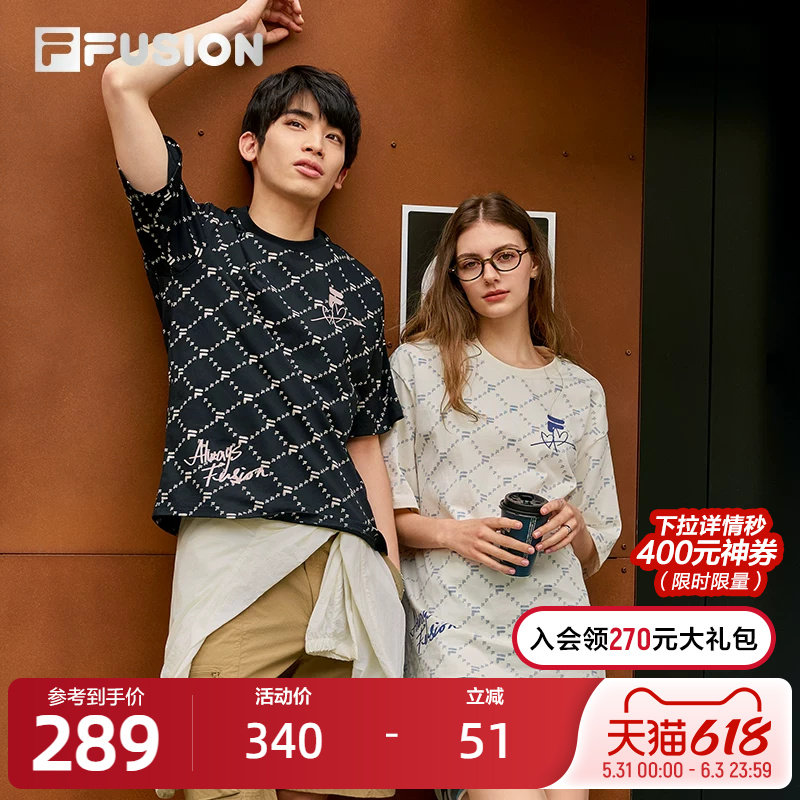 FILA FUSION斐乐潮牌情侣针织短袖衫春季新款休闲宽松短T