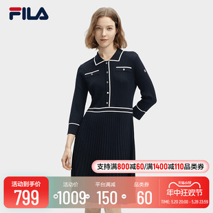 新款 时尚 斐乐官方女子编织连衣裙2024春季 FILA 休闲撞色翻领裙子