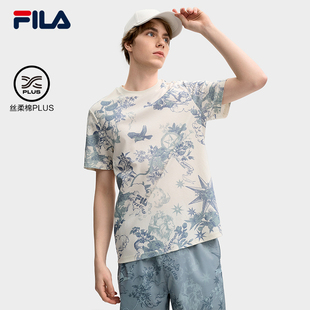 FILA 斐乐官方女子针织短袖衫2025春新款时尚休闲舒适纯棉满印T恤