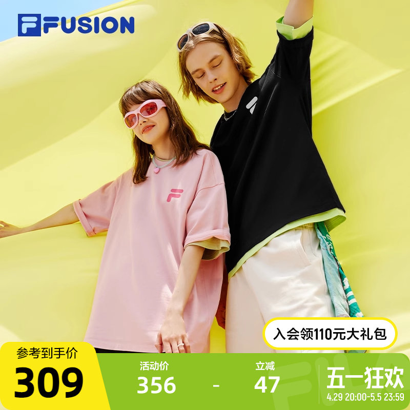FILA FUSION斐乐潮牌情侣款运动短袖T恤夏季多彩宽松上衣男女短T