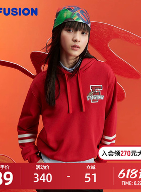 FILA FUSION斐乐潮牌龙年新年连帽卫衣女款2024春季时尚红色帽衫