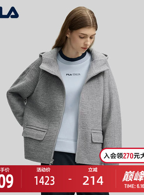 FILA Emerald斐乐女士呢子外套2024冬季新款时尚休闲宽松连帽上衣