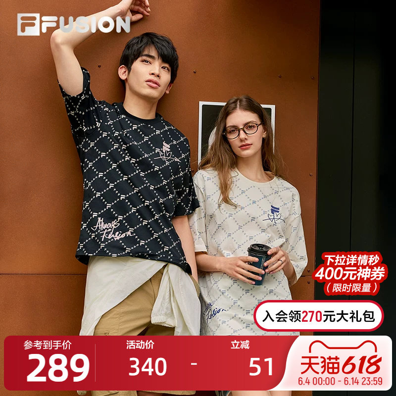 FILA FUSION斐乐潮牌情侣针织短袖衫春季新款休闲宽松短T纯棉T恤