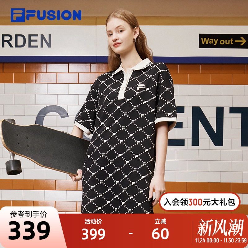 FILA FUSION斐乐潮牌女子连衣裙2023夏时尚宽松POLO领连身裙