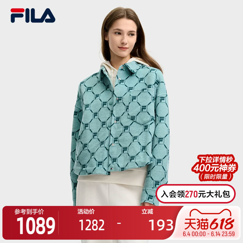 FILA 斐乐官方女士呢子外套2025春新款时尚满印LOGO宽松翻领上衣