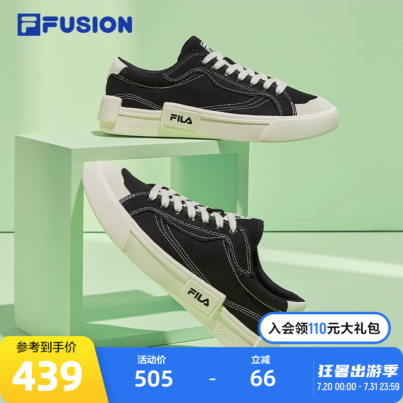FILA斐乐FUSION潮牌帆布鞋女休闲滑板鞋透气男士平底黑色低帮鞋子
