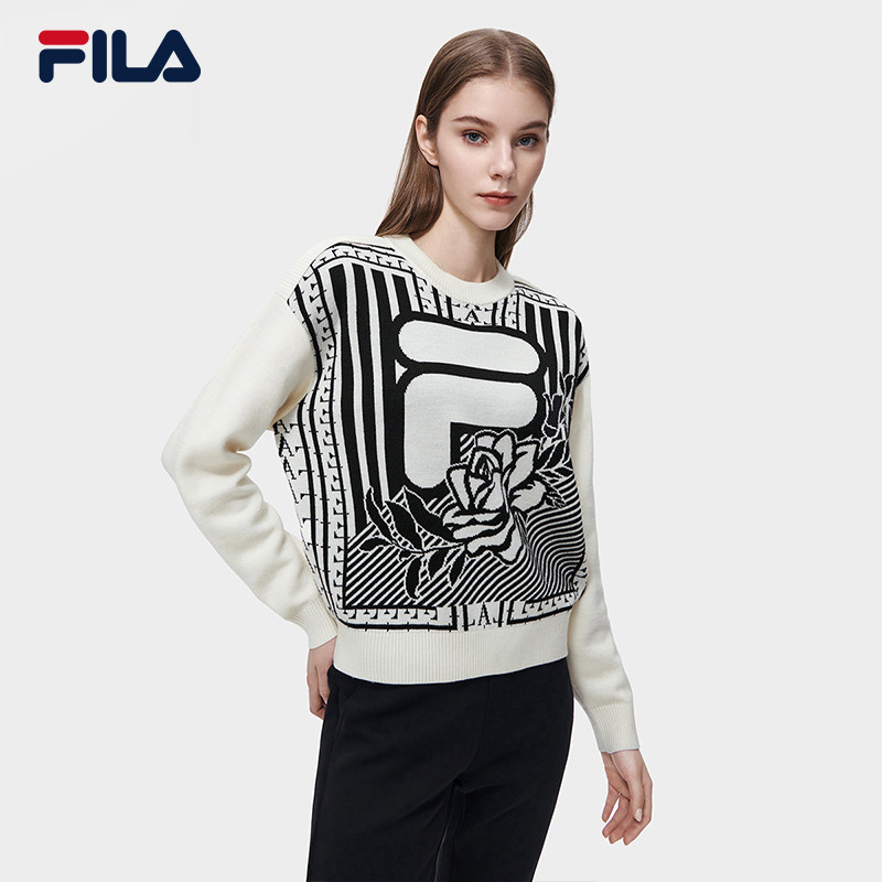 FILA 공식 여성 니트 스웨터 2023 봄 패션 루즈 심플 라운드 넥 캐주얼 탑