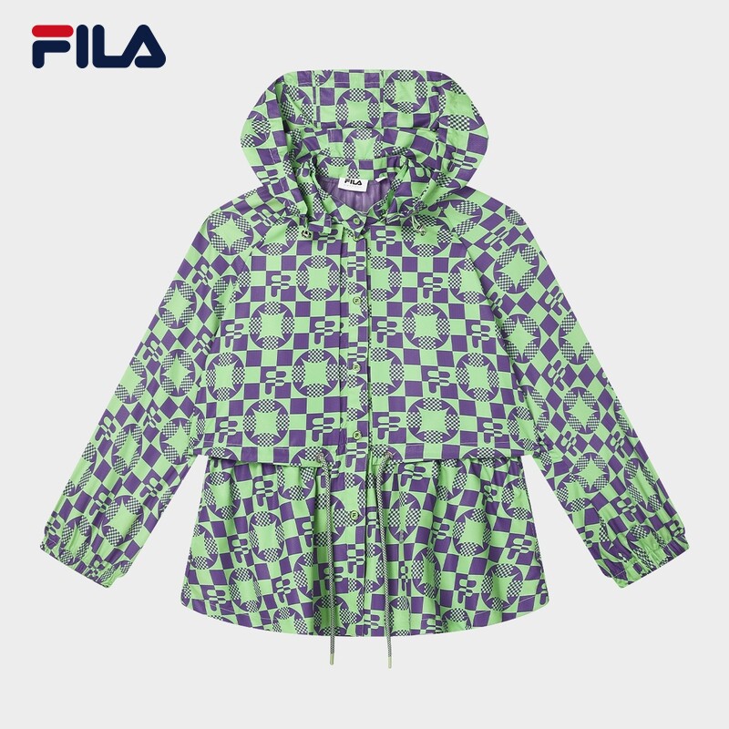 FILA Emerald斐乐女士女装外套2024秋新款满印中长款收腰连帽上衣