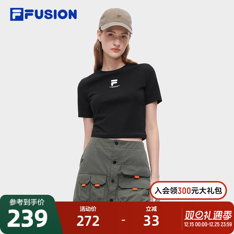 FILA FUSION斐乐潮牌短袖T恤2023秋新修身短T女