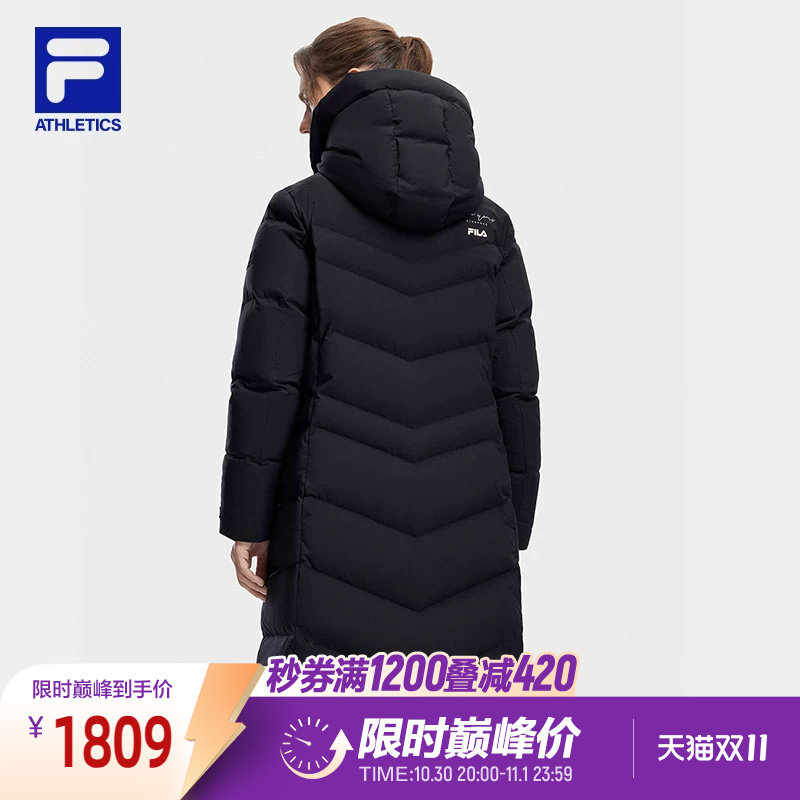 FILA 斐乐官方女士长款羽绒服冬季新款基础健身保暖运动连帽上衣