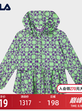 FILA Emerald斐乐女士女装外套2024秋新款满印中长款收腰连帽上衣