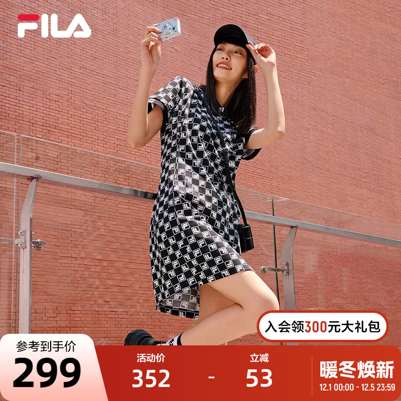 FILA斐乐女士老花连衣裙2023夏季复古满印休闲时尚修身显瘦裙子女