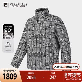 FILA 斐乐男士鹅绒羽绒服2024冬新款高尔夫运动保暖满印立领外套