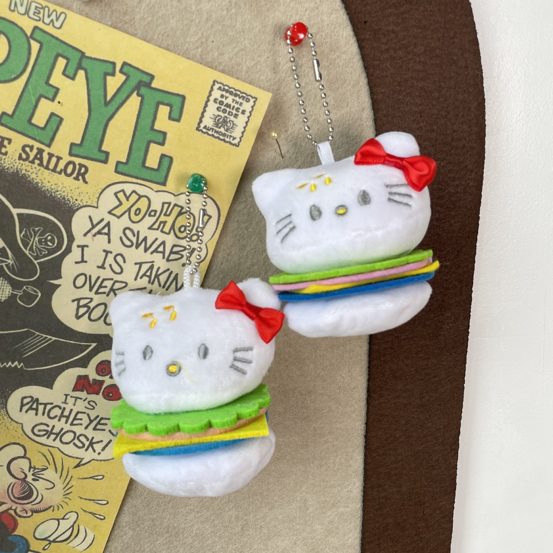 日系卡通汉堡kt猫毛绒包挂件 可爱少女心软萌公仔钥匙扣礼物GJ031