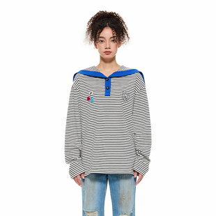 Alexia 设计感 Sandra拼色海军领印花条纹徽章航海系卫衣上衣时尚