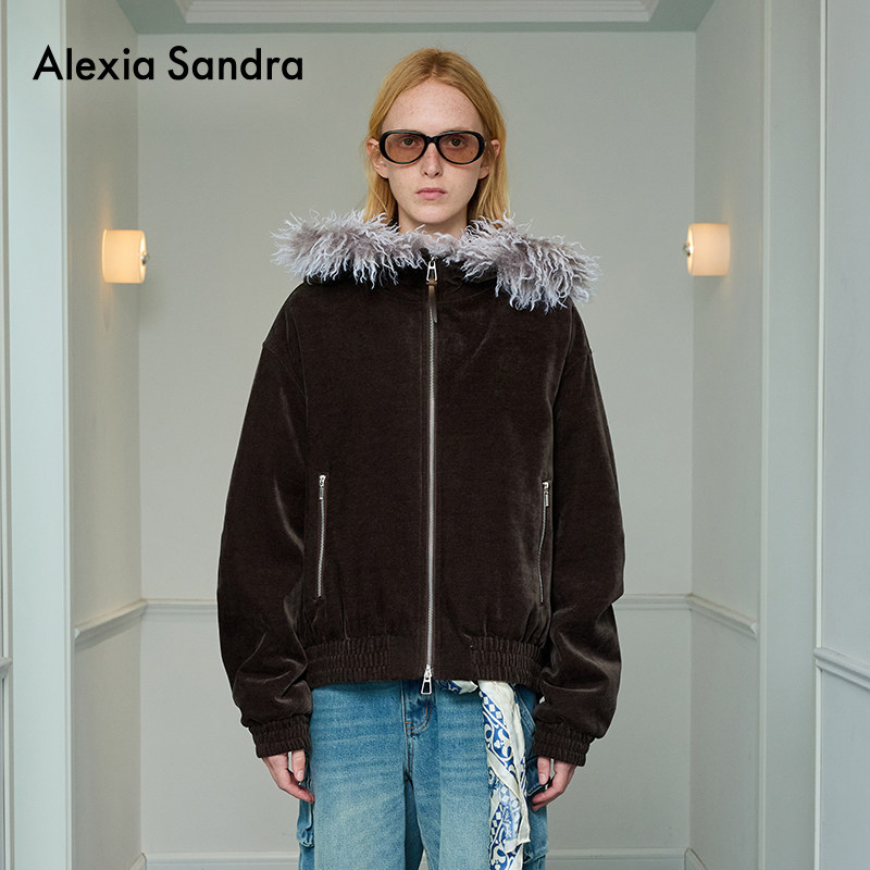 张慧雯同款AlexiaSandra2025冬季新款夹棉毛边帽衫夹克百搭外套女