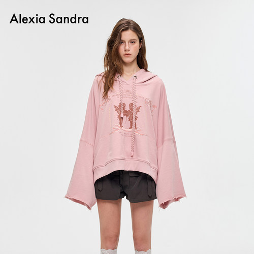 AlexiaSandra复古天使印花宽松蝙蝠袖廓形卫衣帽衫粉色秋季新款女
