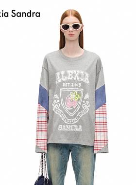 严浩翔同款Alexia Sandra秋季草莓印花撞色拼接格子长袖T恤女上衣