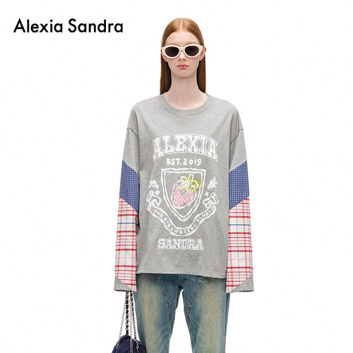 严浩翔同款Alexia Sandra草莓印花撞色拼接格子美式复古长袖T恤女