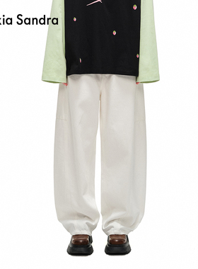 Alexia Sandra简约纯色分割茧型休闲牛仔裤白色直筒宽松长裤子女